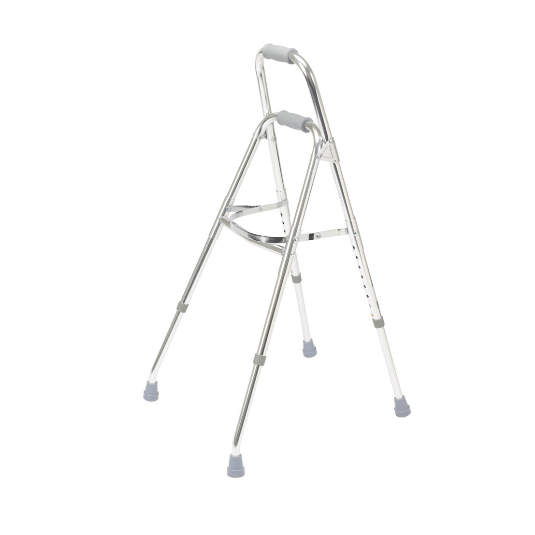 The Drive Folding Side Hemi-Walker is a lightweight, silver mobility aid with four rubber-tipped legs and gray foam hand grips, designed for dependable support.