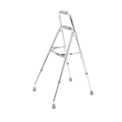 The Drive Folding Side Hemi-Walker is a lightweight, silver mobility aid with four rubber-tipped legs and gray foam hand grips, designed for dependable support.