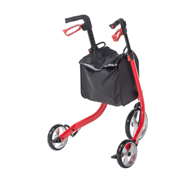 The Drive Nitro® 3-Wheel Rollator features a red, lightweight Euro-style all-terrain frame, black handles with hand brakes, and a spacious black front storage bag.