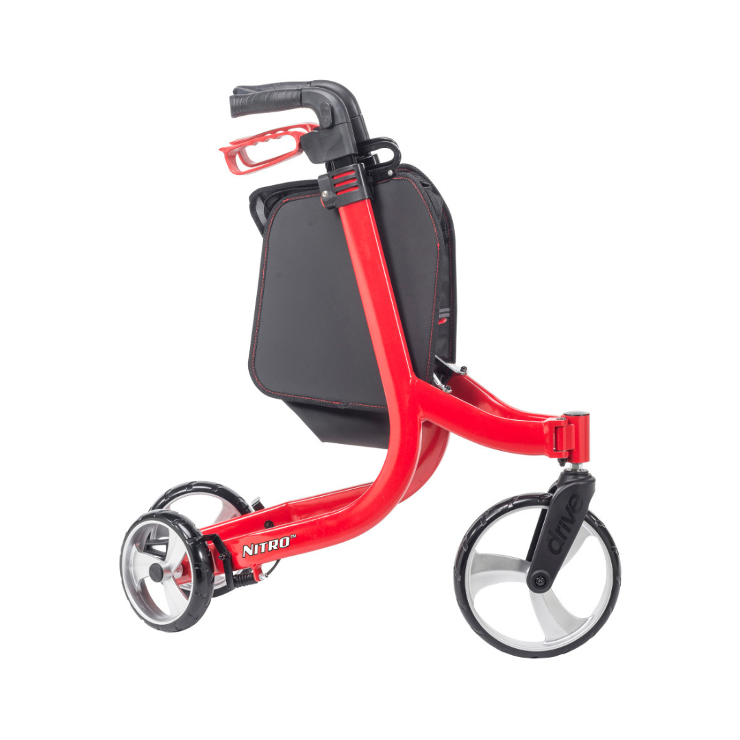 The Drive Nitro® 3-Wheel Rollator features a modern all-terrain Euro style design in red, with a large front wheel, black seat, handlebar with black grip, and brake lever for comfortable and reliable mobility support.
