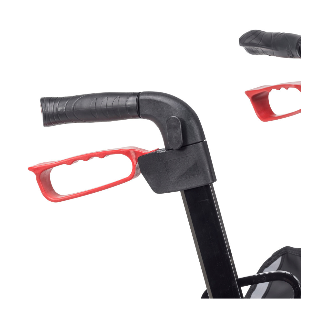 Close-up of a black handlebar with a textured grip and red plastic brake lever, featured on the Drive Nitro® 3-Wheel Rollator – All-Terrain Euro Style Design.