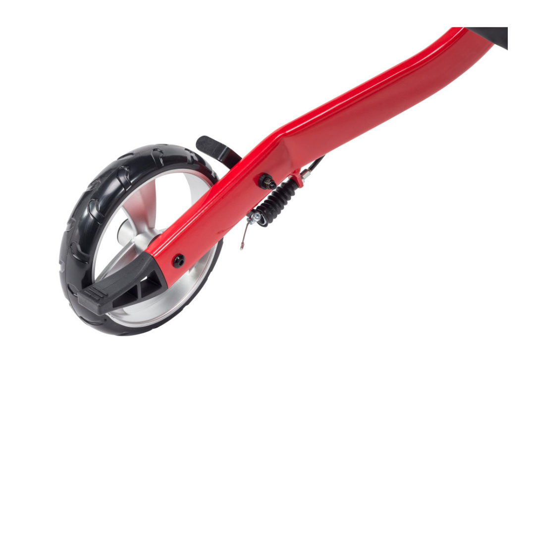 Close-up of the Drive Nitro® 3-Wheel Rollator’s rear wheel with red frame, black tire, and visible metal spring suspension and brake, all showcasing its durable all-terrain Euro-style design.