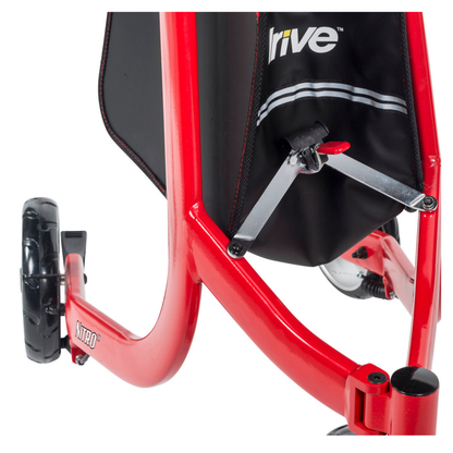 Close-up of the Drive Nitro® 3-Wheel Rollator frame, showing the pedal, footrest, and part of the black seat. The image highlights its sturdy metal construction and seat support in an all-terrain Euro Style design.