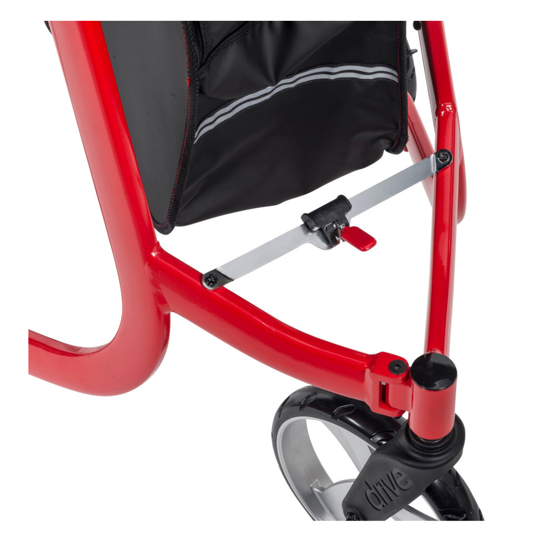 Close-up of the Drive Nitro® 3-Wheel Rollator's red frame, black storage basket, silver crossbar with a red safety latch, and a black front wheel—highlighting its all-terrain Euro-style design for easy maneuverability.