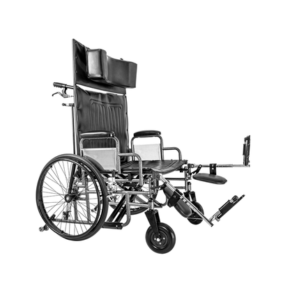 A Dynarex Bariatric Reclining Wheelchair with Elevating Leg Rests in black features a padded headrest, armrests, large rear wheels, and small front wheels. Displayed on a white background.