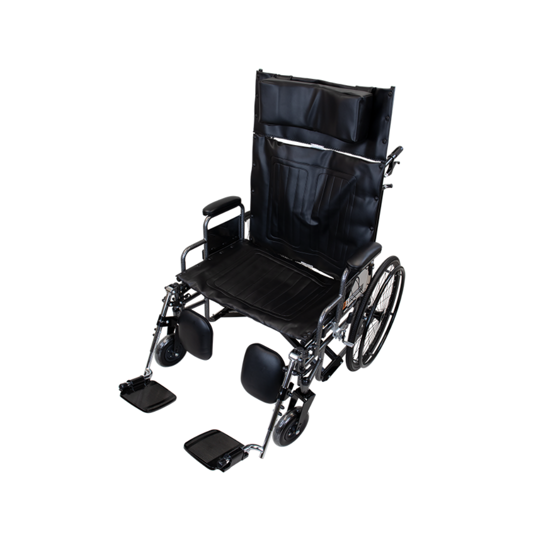The Dynarex Bariatric Reclining Wheelchair with Elevating Leg Rests, in black, is shown on a white background. It features padded armrests, a high backrest for support, large rear wheels, and small front wheels.