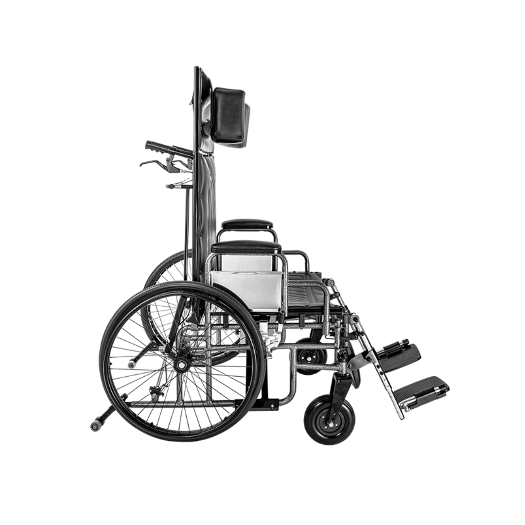 A black and silver Dynarex Bariatric Reclining Wheelchair with elevating leg rests, large rear wheels, padded headrest, and armrests is shown from the side on a white background.