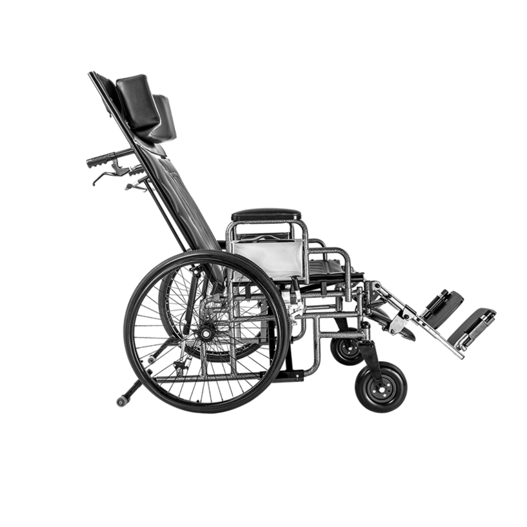 A Dynarex Bariatric Reclining Wheelchair with Elevating Leg Rests in black and silver, featuring padded head support, is shown in profile against a white background.