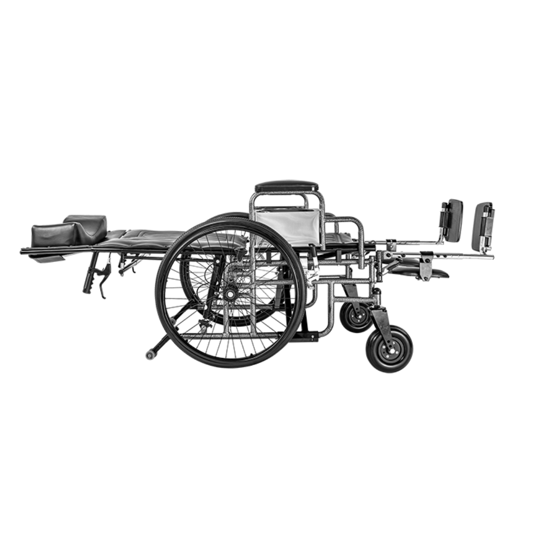A black and silver Dynarex Bariatric Reclining Wheelchair with elevating leg rests is shown in profile view on a white background, featuring a flat, reclined backrest.