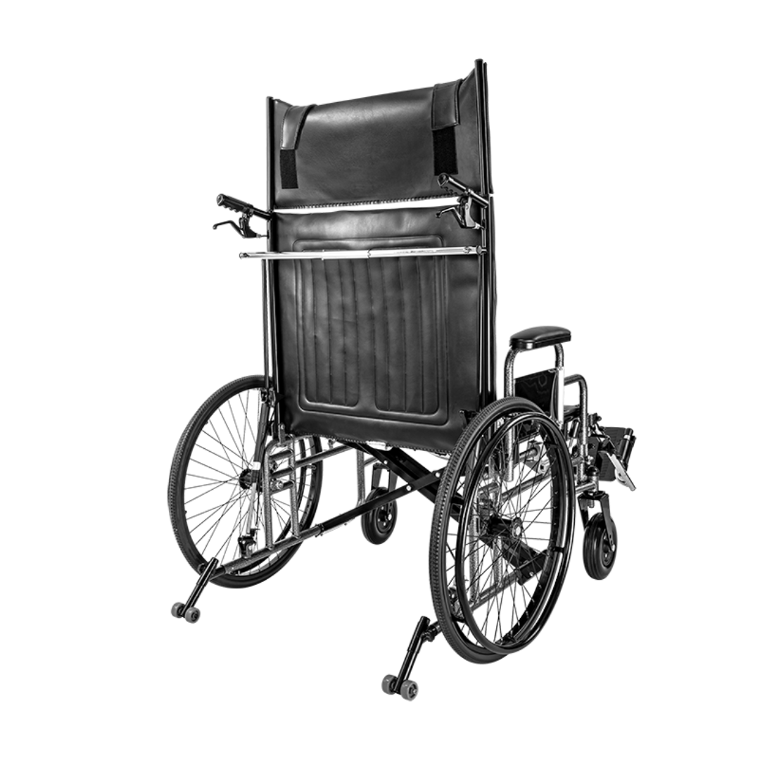 A Dynarex Bariatric Reclining Wheelchair with Elevating Leg Rests in black is shown upright on its rear wheels and backrest, revealing the underside and frame details against a white background.