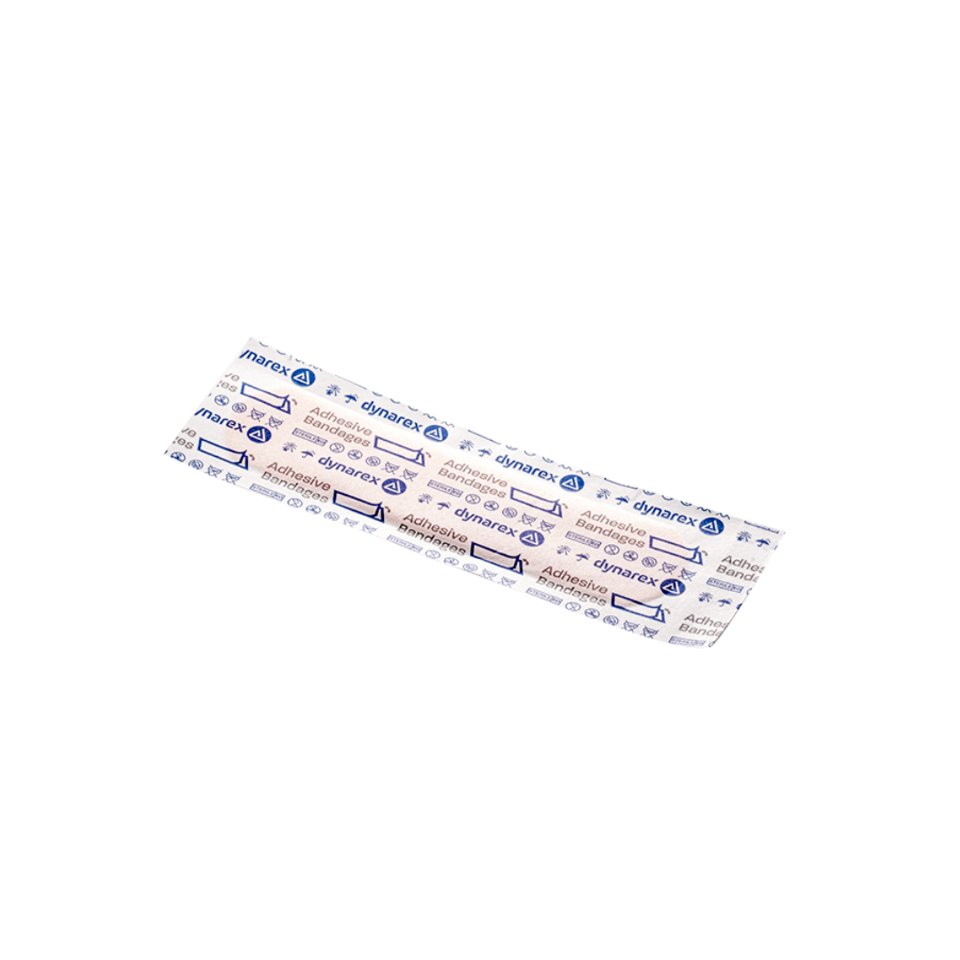 A single Dynarex DynaSafety Adhesive Fabric Bandage, individually wrapped and labeled with DynaSafety instructions, rests on a white background.