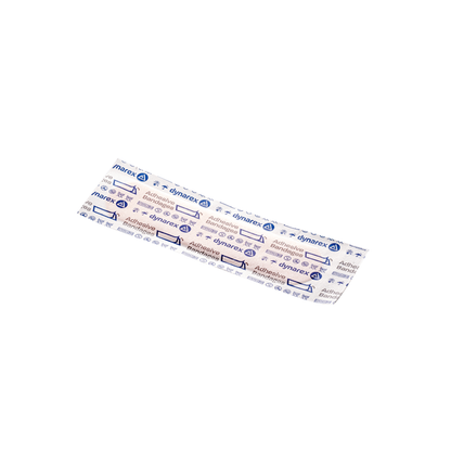 A single Dynarex DynaSafety Adhesive Fabric Bandage, individually wrapped and labeled with DynaSafety instructions, rests on a white background.