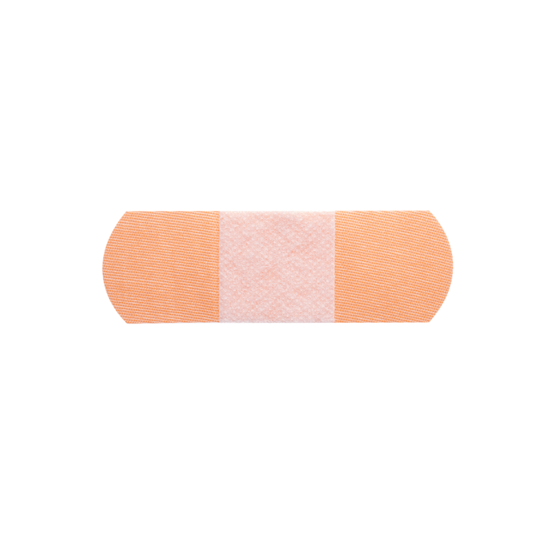 A single Dynarex DynaSafety Adhesive Fabric Bandage featuring a rectangular white pad in the center and tan fabric wings, shown isolated on a white background.