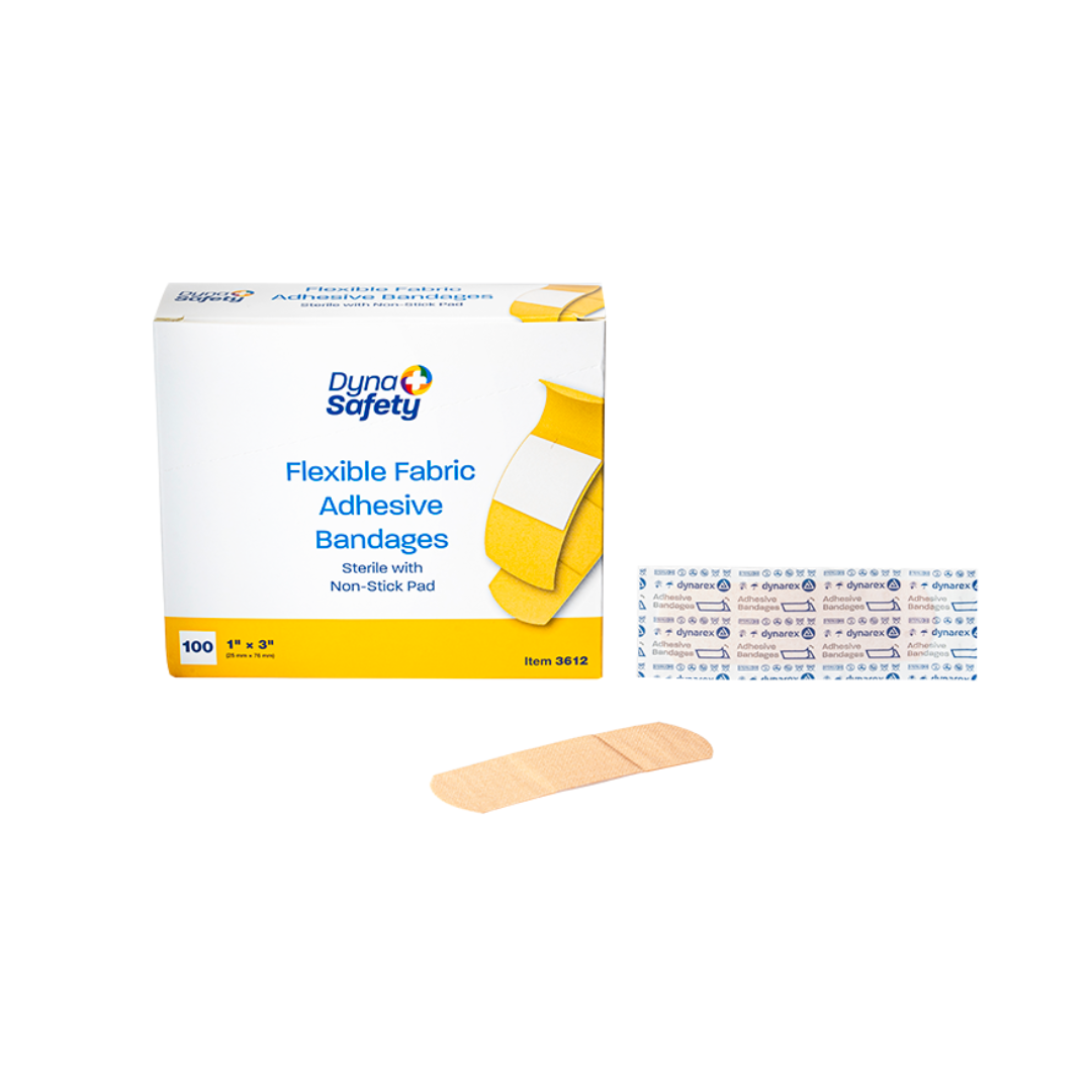 A box of Dynarex DynaSafety Adhesive Fabric Bandages is displayed, with one bandage and its wrapper in front. The box contains 100 adhesive bandages, each sized 1 inch by 3 inches.