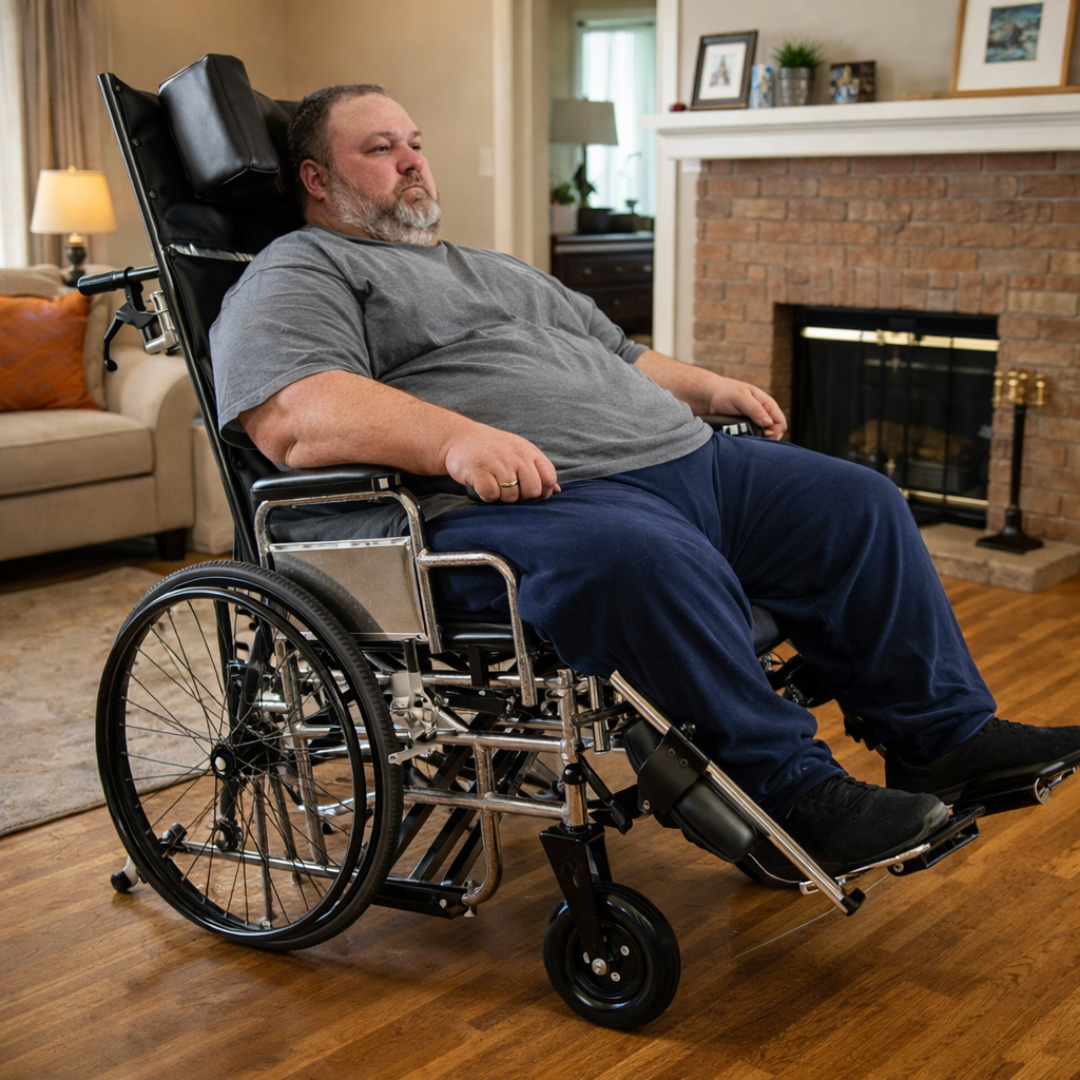 A man in a gray t-shirt and navy sweatpants sits in a Dynarex Bariatric Reclining Wheelchair with Elevating Leg Rests in a cozy living room with wooden floors and a fireplace, offering superior strength and comfort.