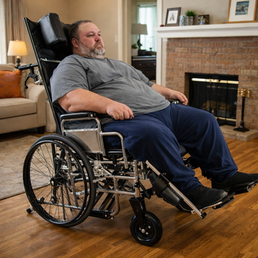 A man in a gray t-shirt and navy sweatpants sits in a Dynarex Bariatric Reclining Wheelchair with Elevating Leg Rests in a cozy living room with wooden floors and a fireplace, offering superior strength and comfort.