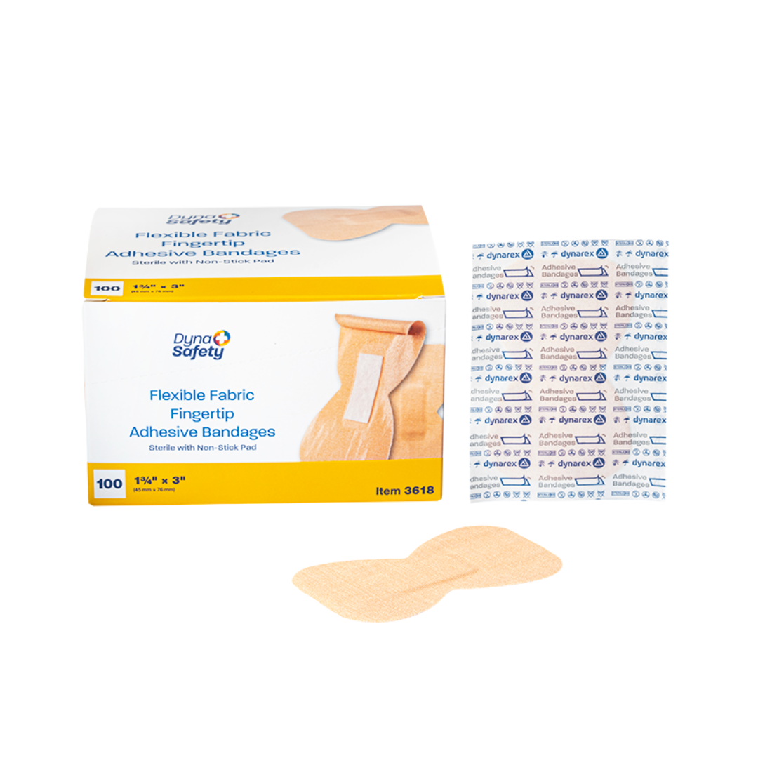A box of Dynarex DynaSafety Adhesive Fabric Bandages is shown, with one bandage and its opened wrapper displayed in front.