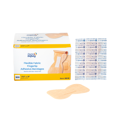 A box of Dynarex DynaSafety Adhesive Fabric Bandages is shown, with one bandage and its opened wrapper displayed in front.