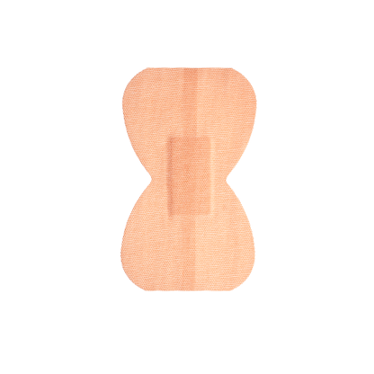 A single tan Dynarex DynaSafety Adhesive Fabric Bandage with a unique hourglass shape is displayed on a plain white background.