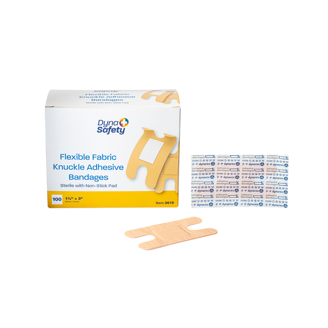 A box of Dynarex DynaSafety Adhesive Fabric Bandages is displayed with several bandages in front, including an unwrapped bandage and a sheet of individually wrapped bandages.