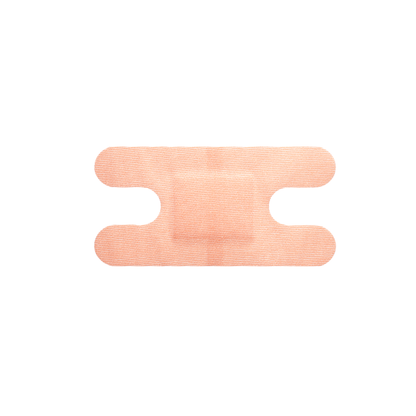 A single peach-colored Dynarex DynaSafety Adhesive Fabric Bandage with rounded ends and side notches is displayed on a white background.