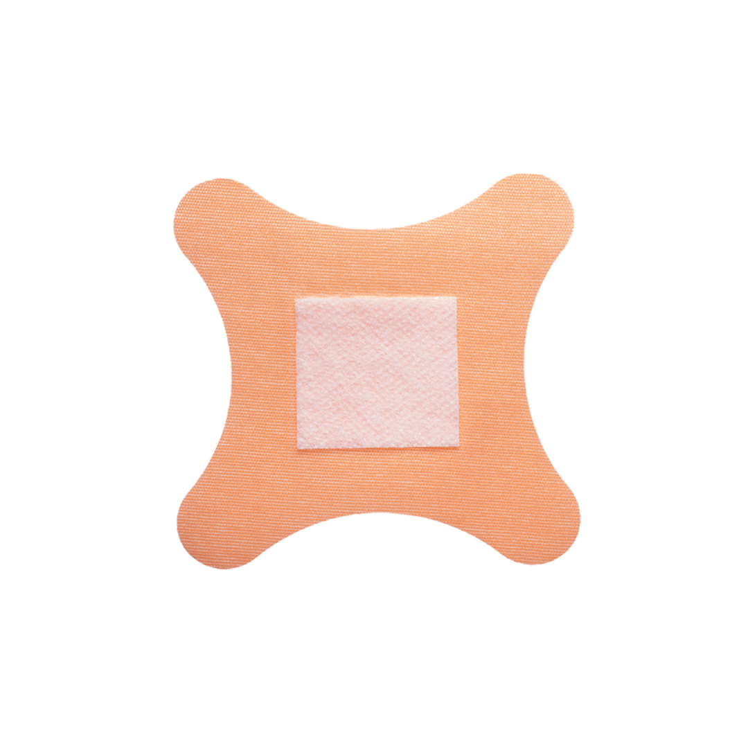 A single Dynarex DynaSafety Adhesive Fabric Bandage, square-shaped with rounded, flared edges and a white central pad, is displayed on a white background.