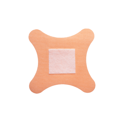 A single Dynarex DynaSafety Adhesive Fabric Bandage, square-shaped with rounded, flared edges and a white central pad, is displayed on a white background.