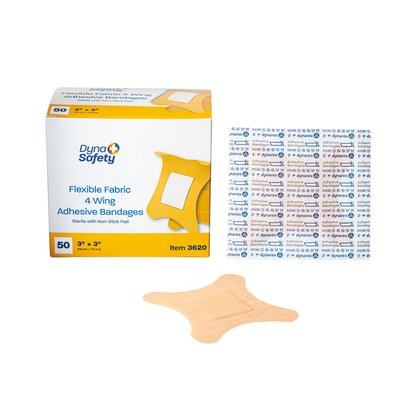 A box of Dynarex DynaSafety Adhesive Fabric Bandages, item 3620 with 50 bandages, is shown. In front are one bandage and a sheet displaying individual Dynarex Bandages wrappers.