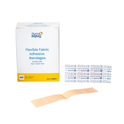 A box labeled Dynarex DynaSafety Adhesive Fabric Bandages (40 count) is shown beside an individually wrapped bandage and an opened bandage with a non-stick pad.