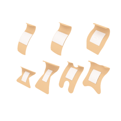 Seven assorted Dynarex DynaSafety Adhesive Fabric Bandages, each with a unique shape and design, and white pads, are displayed on a white background.