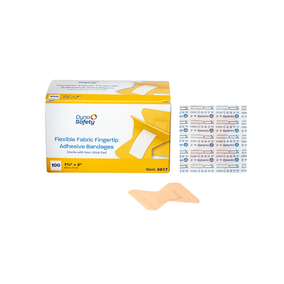 A box of Dynarex DynaSafety Adhesive Fabric Bandages is shown with an open flexible fabric bandage and a sheet of individually wrapped bandages displayed in front.
