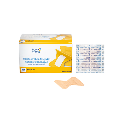 A box of Dynarex DynaSafety Adhesive Fabric Bandages is shown with an open flexible fabric bandage and a sheet of individually wrapped bandages displayed in front.