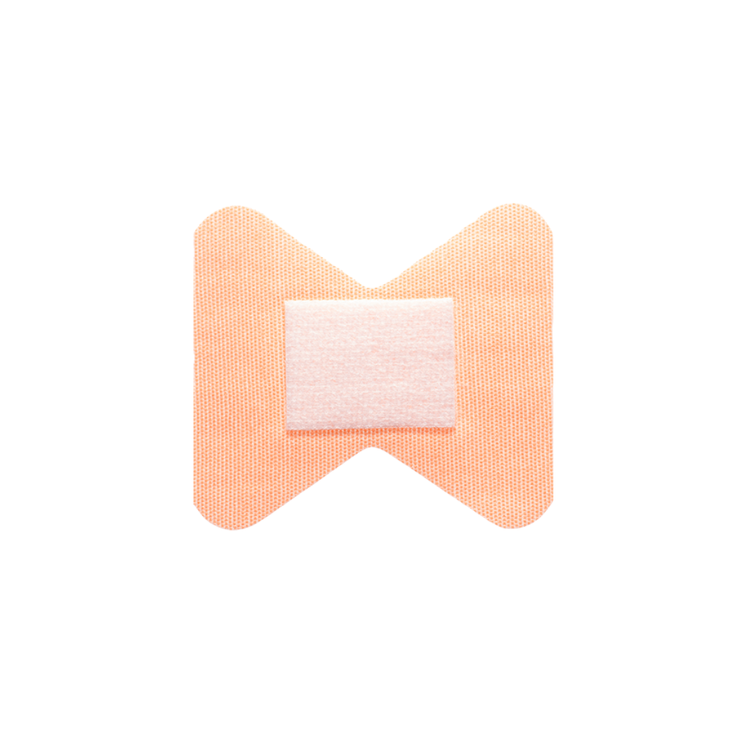 A single Dynarex DynaSafety Adhesive Fabric Bandage, butterfly-shaped with a central white gauze pad, is displayed against a plain white background.