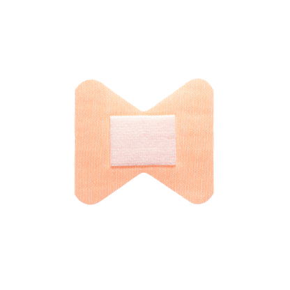 A single Dynarex DynaSafety Adhesive Fabric Bandage, butterfly-shaped with a central white gauze pad, is displayed against a plain white background.