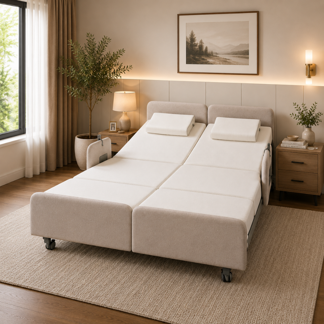 A modern bedroom featuring the Elevra Deluxe Rotating Lift Assist Bed - Dual King with white bedding, a light beige upholstered frame, bedside tables, a lamp, potted plant, and landscape picture for advanced homecare comfort.