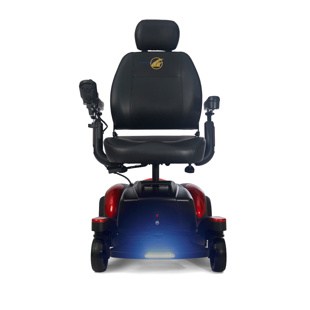 Golden Tech BuzzAbout Power Wheelchair with Highback Captains Seat with front LED light on