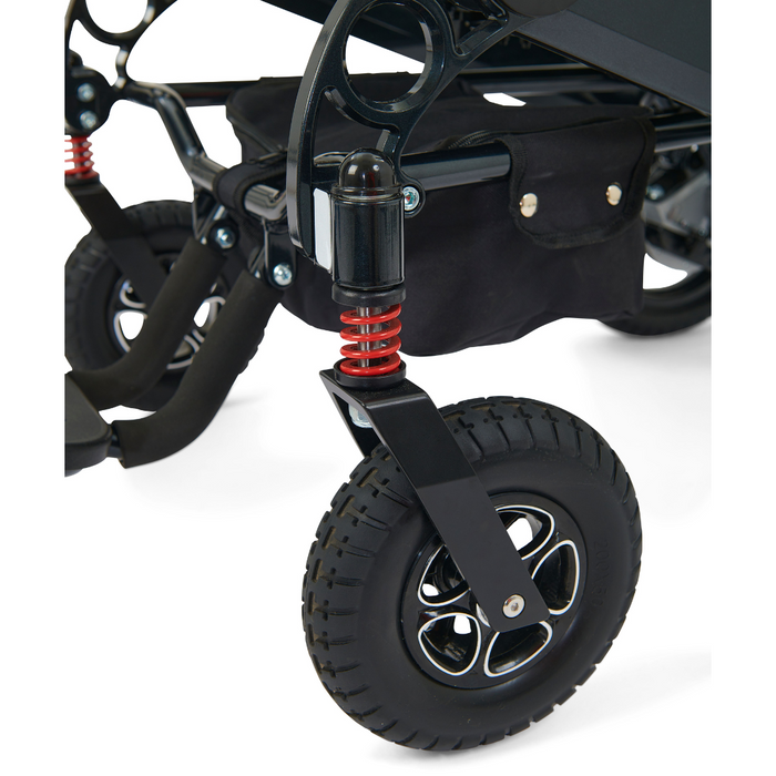 Large front all terrain wheels of the Golden Tech Stride Folding Lightweight Powerchair