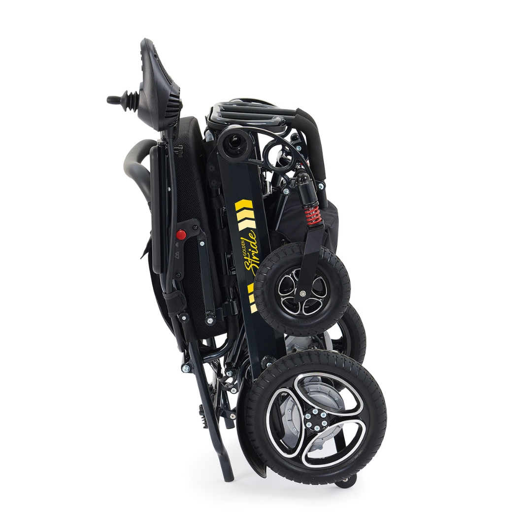 Folded up for easy transport, the Golden Tech Stride Folding Lightweight Powerchair is FAA Approved