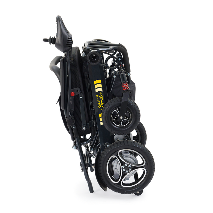 Folded up for easy transport, the Golden Tech Stride Folding Lightweight Powerchair is FAA Approved