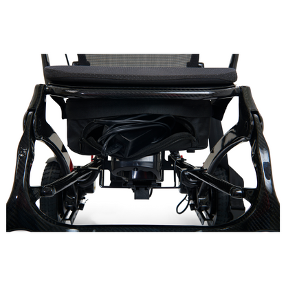 The battery is placed directly under the seat on the GP302 Golden Tech Carbon Fiber Cricket Power Wheelchair 