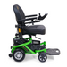 The Golden Tech LiteRider Envy Portable Power Chair is a sleek green and black wheelchair with a padded seat, armrests, right-side joystick, four wheels, footrest, and side branding. This portable mobility aid offers exceptional design for easy mobility.