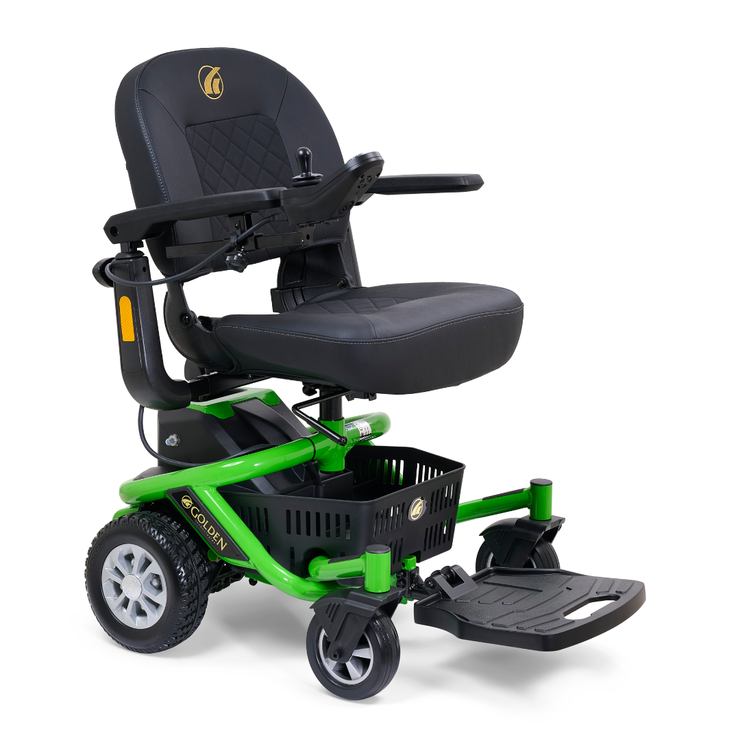 The Golden Tech GP162 LiteRider Envy Portable Power Chair features a bright green frame, black cushioned seat and backrest, right-arm joystick control, storage basket below, and four sturdy wheels—ideal for daily mobility needs.