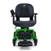 The Golden Tech LiteRider Envy is a green portable power wheelchair with black padded seating, right-arm joystick control, supportive backrest, armrests, and small front and rear wheels for easy maneuverability and comfort.