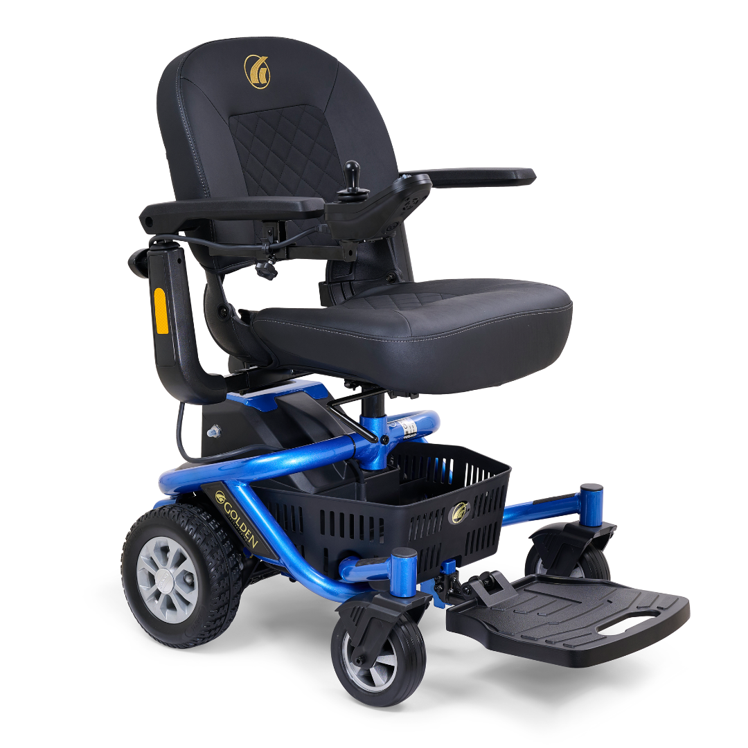 The Golden Tech GP162 LiteRider Envy Portable Power Chair is a compact blue mobility aid with a black cushioned seat, right-arm joystick, footrest, rear and caster wheels, and a storage basket beneath the seat.