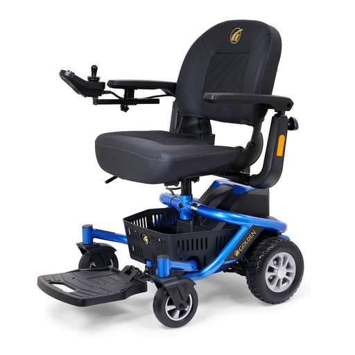 The Golden Tech LiteRider Envy Portable Power Chair features a blue and black design, cushioned seat, joystick control, footrest, large rear wheels, small front wheels, and a storage basket beneath the seat for convenient portable mobility.