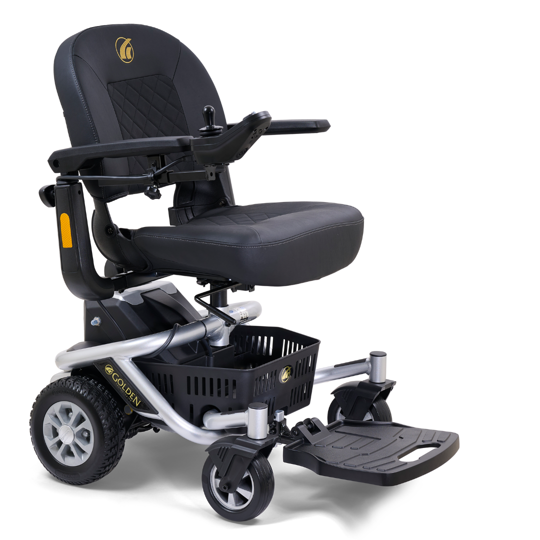 The Golden Tech GP162 LiteRider Envy Portable Power Chair in black and silver features a cushioned seat, armrests, front basket, and large rear wheels for comfortable, enhanced mobility on the go.