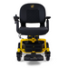 The Golden Tech LiteRider Envy Portable Power Chair, featuring a left armrest joystick for easy control, boasts a sleek black and yellow design with cushioned seat and backrest. It includes small front wheels for maneuverability and proudly displays its brand logo on the seat.