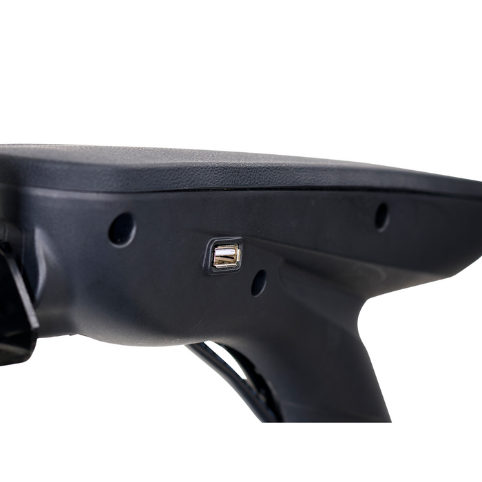 Close-up of the Golden Tech GP130 Buzzaround CarryOn Portable Powerchair, an ultra-compact black electronic device with a USB port. Its smooth, matte finish and sleek side view are set against a plain white background to emphasize its minimal yet sophisticated design.