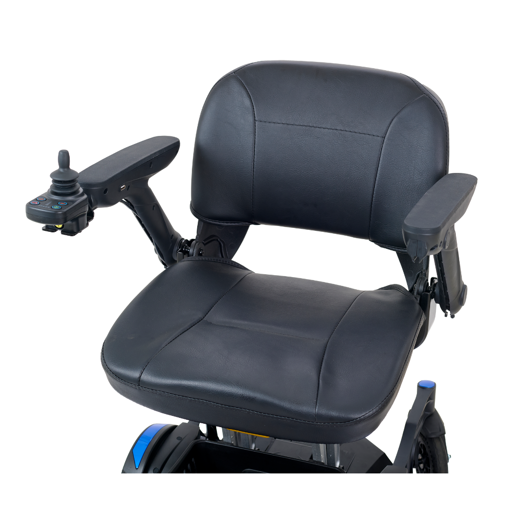 Photo of the Golden Tech GP130 Buzzaround CarryOn Portable Powerchair, featuring a compact black design with padded armrests and a joystick control on the right armrest, against a white background.