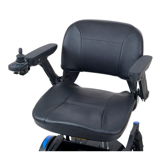 Photo of the Golden Tech GP130 Buzzaround CarryOn Portable Powerchair, featuring a compact black design with padded armrests and a joystick control on the right armrest, against a white background.